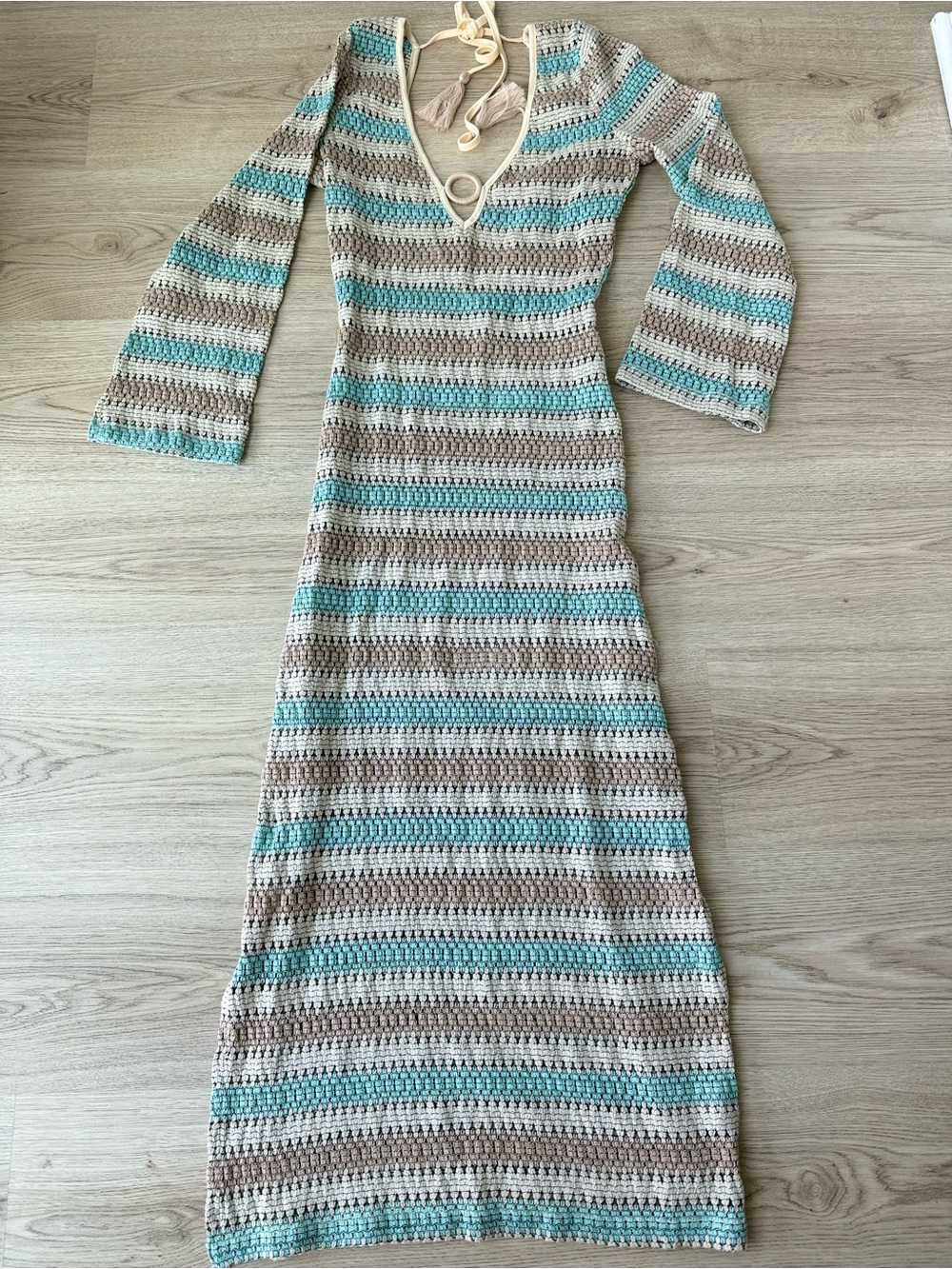 Beach dress. Women's Striped Crochet Maxi Dress - Beige & Teal
